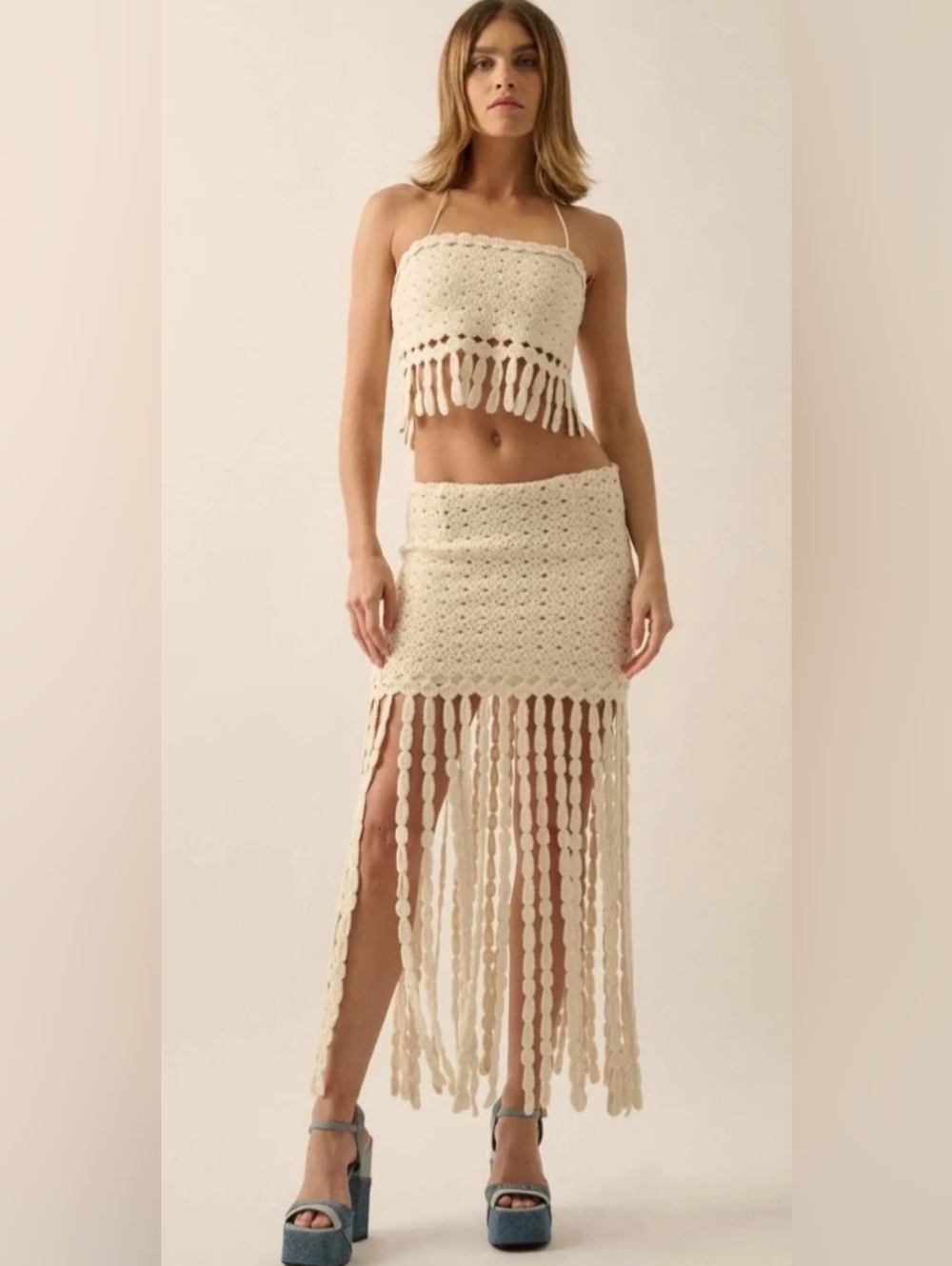 Promesa Hippie Spirit Crochet Knit Fringe Maxi Skirt Cream